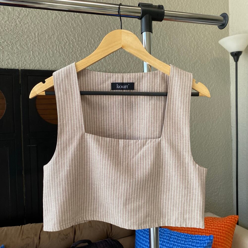 Kourt Linen Blend Stripe Crop Tank Top Square Neck Tan Small Coastal Beachy